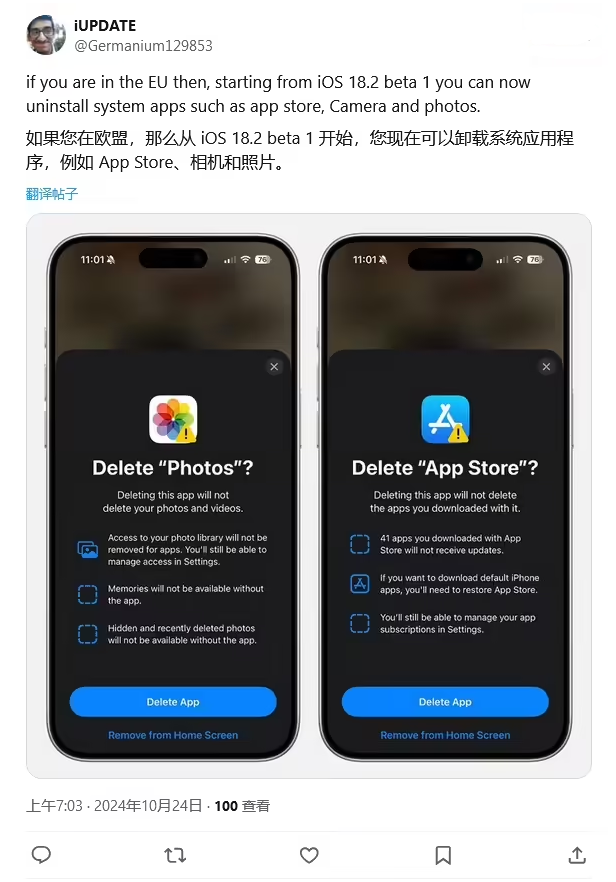 龙圩苹果手机维修分享iOS 18.2 支持删除 App Store 应用商店 