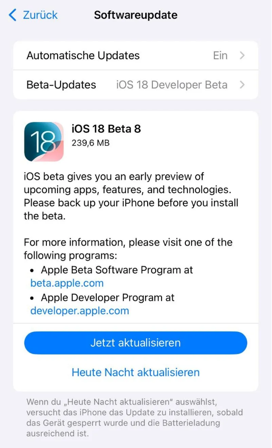 龙圩苹果手机维修分享苹果 iOS / iPadOS 18 开发者预览版 Beta 8 发布 